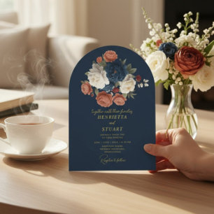Navy Floral Botanical All-in-One arched Wedding  Invitation