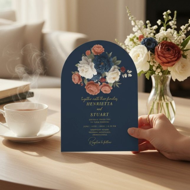 Navy Floral Botanical All-in-One arched Wedding  Invitation (Creator Uploaded)