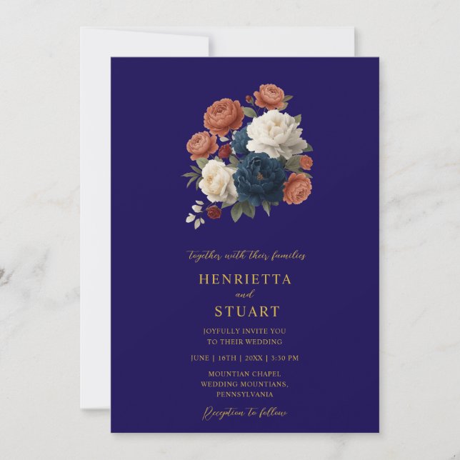Navy Floral Botanical All-in-One Wedding  Invitation (Front)