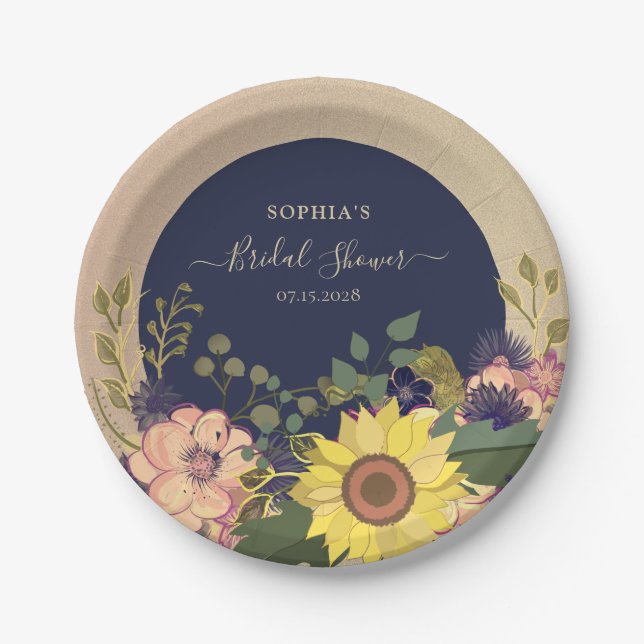 Navy Floral Bridal Shower Paper Plates (Front)
