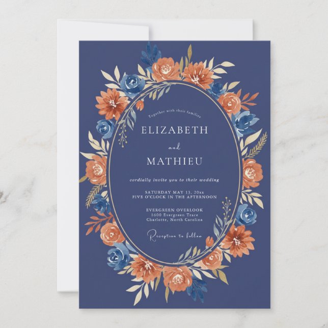 Navy Floral Brushstroke Wedding Invitation (Front)