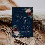 Navy Floral Burgundy and Blush Wedding Invitation<br><div class="desc">Boho Navy Burgundy and Blush Floral Wedding Invitation. This invitation is characterized by boho burgundy and blush roses and flowers with two modern high-class fonts that shape the trends of the present and future festive events.</div>
