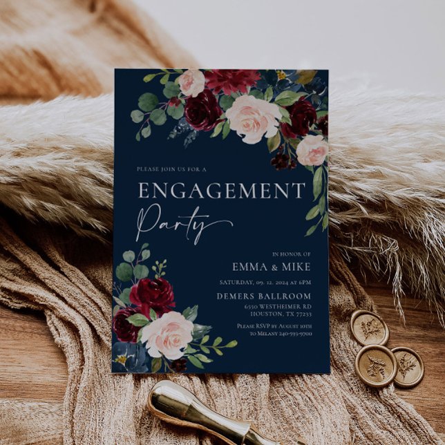 Navy Floral Burgundy Blush Engagement Invitation (Creator Uploaded)