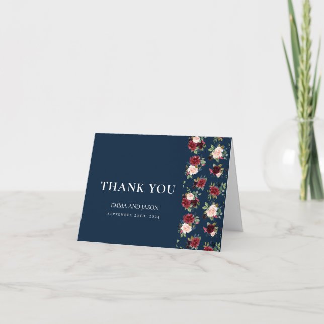 Navy Floral Burgundy Blush Wedding Thank You Card (Front)
