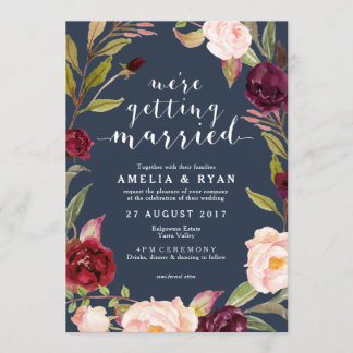 Navy Floral Burgundy Leafy Wedding Invitation