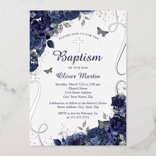 Navy Floral Butterfly Boy Baptism  Foil Invitation