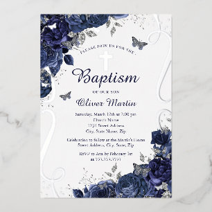 Navy Floral Butterfly Boy Baptism Foil Invitation