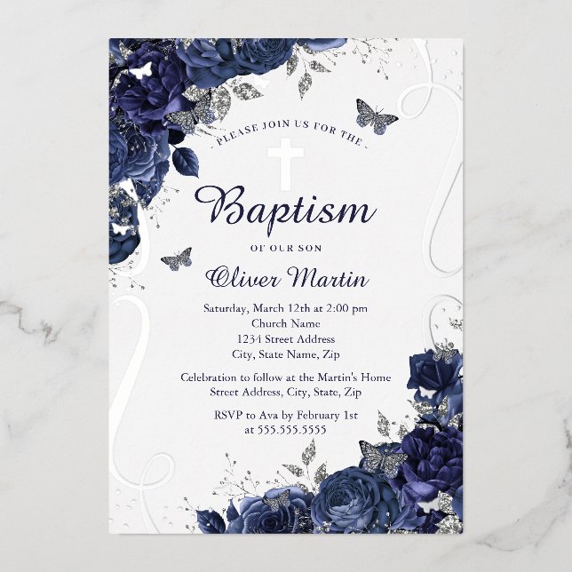 Navy Floral Butterfly Boy Baptism  Foil Invitation (Front)