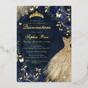 Navy Floral Butterfly Gold Dress Quinceanera Foil Invitation