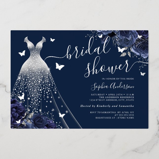 Navy Floral Butterfly Sparkle Dress Bridal Shower  Foil Invitation (Front)