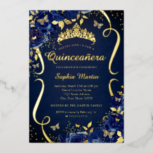 Navy Floral Butterfly Tiara Quinceanera Foil Invitation