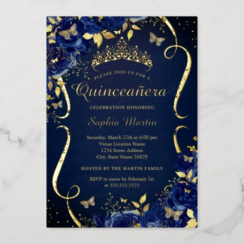Navy Floral Butterfly Tiara Quinceanera Foil Invitation