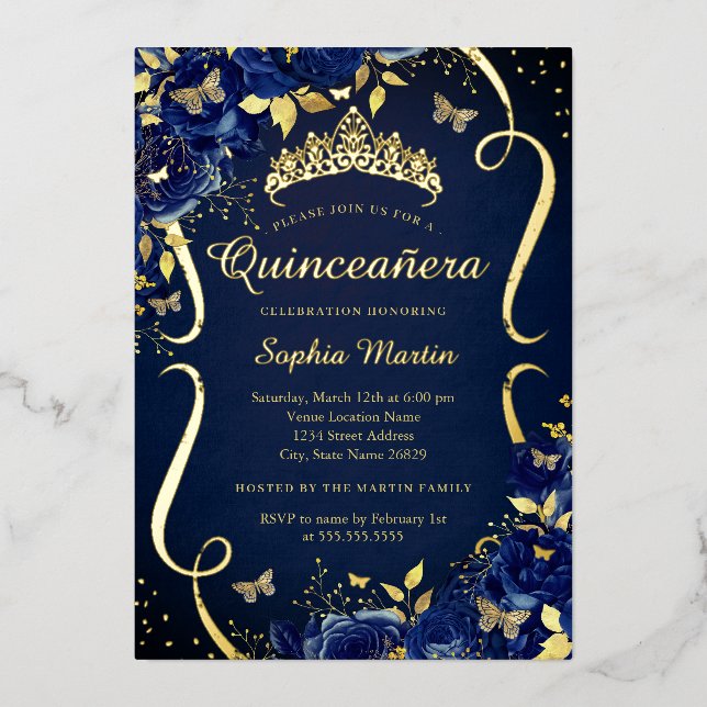 Navy Floral Butterfly Tiara Quinceanera Foil Invitation (Front)