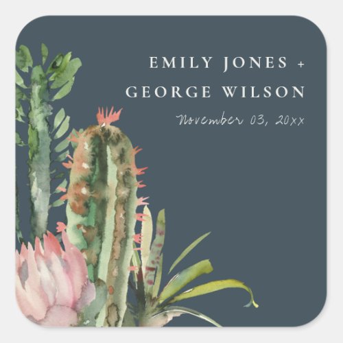 NAVY FLORAL CACTI FOLIAGE WATERCOLOR WEDDING SQUARE STICKER