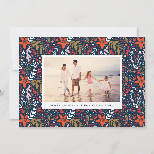 Navy Floral Christmas Pretty Holiday Photo Card (Front)