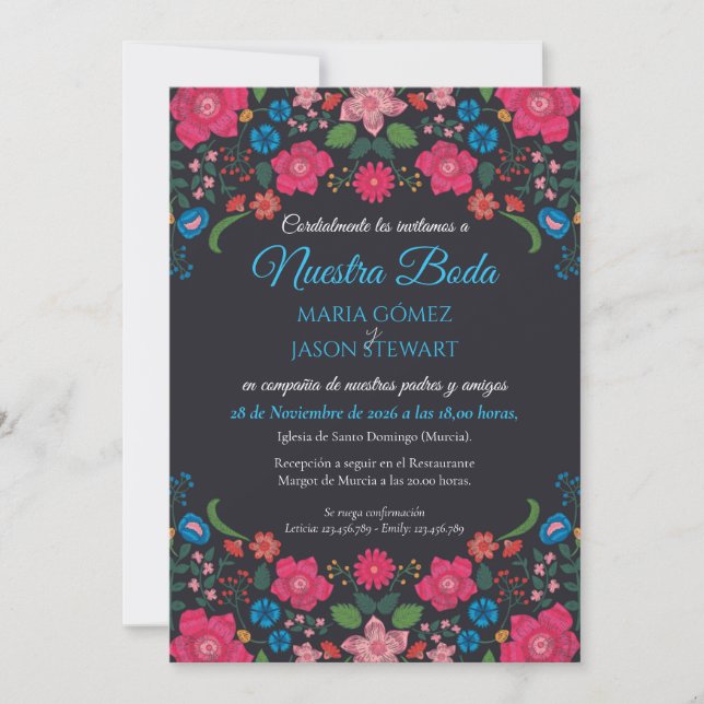 Navy Floral Colorful Elegant Boda Spanish Wedding Invitation (Front)