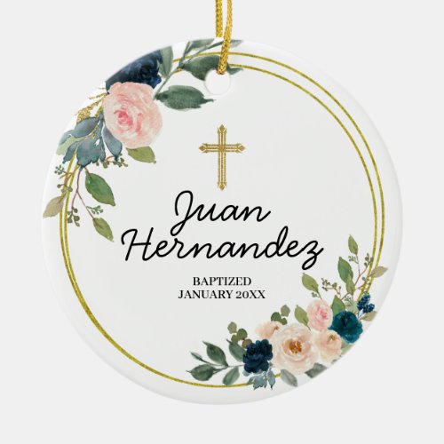 Navy Floral Cross Baptism Boy Christening Ornament