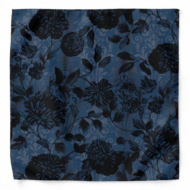 Navy Floral Damask Aristocrat Pocket Square Bandana (Front)