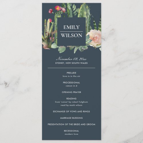 NAVY FLORAL DESERT CACTI  WEDDING CEREMONY PROGRAM