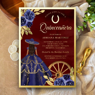 Navy Floral Dress Burgundy Charro Quinceanera Gold Foil Invitation