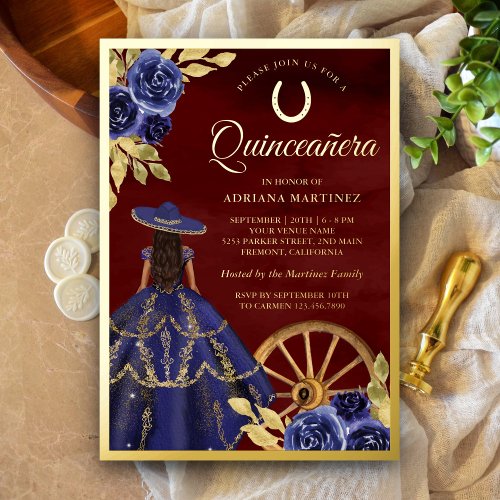 Navy Floral Dress Burgundy Charro Quinceanera Gold Foil Invitation