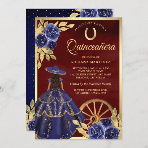 Navy Floral Dress Charro Burugundy Quinceanera Invitation