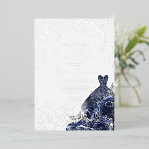 Navy Floral & Dress Sweet 16 Silver Leaf  Foil Invitation