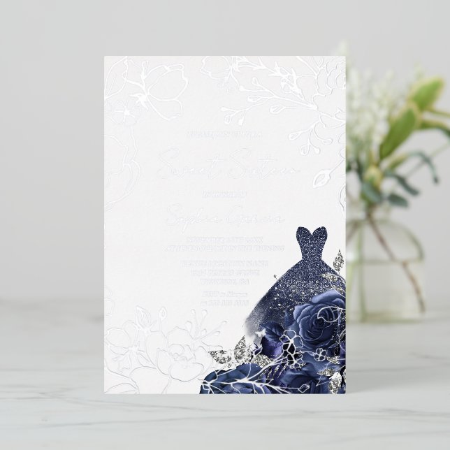 Navy Floral & Dress Sweet 16 Silver Leaf  Foil Invitation (Standing Front)