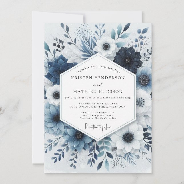Navy Floral Dusk Romance Wedding Invitation (Front)