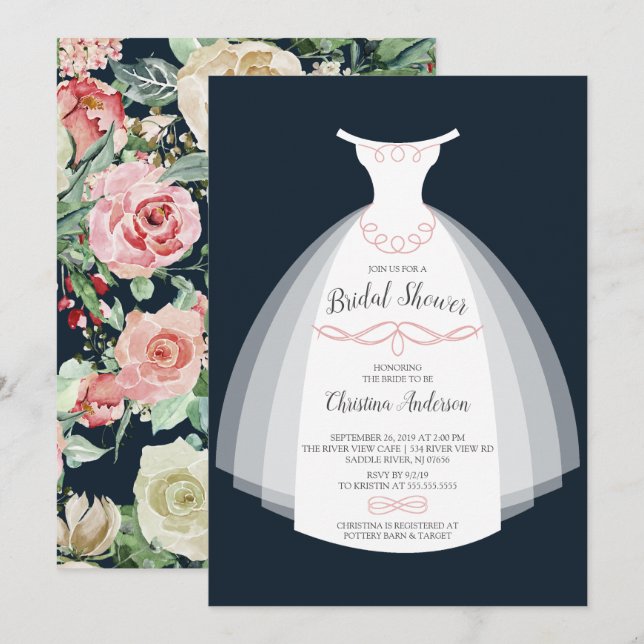 Navy Floral Elegance Bride Gown Bridal Shower Invitation (Front/Back)