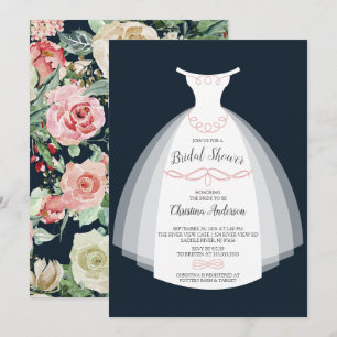 Navy Floral Elegance Bride Gown Bridal Shower Invitation
