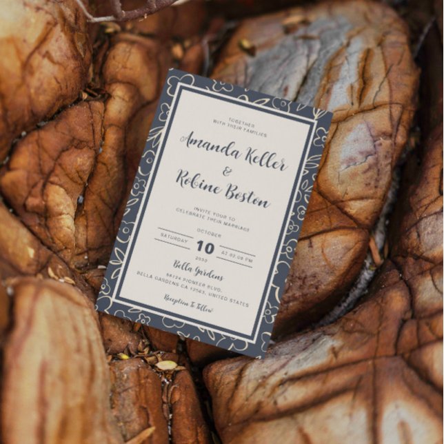 Navy Floral Elegant Minimalist Wedding Invitation (Creator Uploaded)