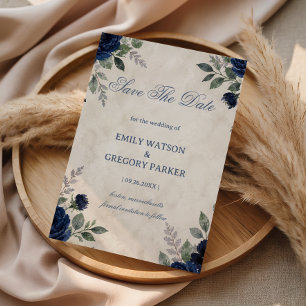 Navy Floral Elegant Save The Date