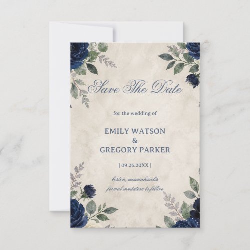 Navy Floral Elegant Save The Date