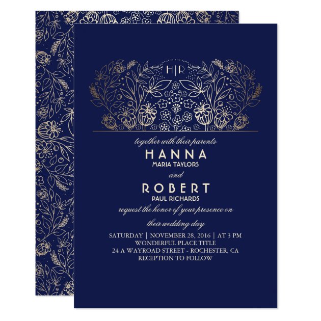 Navy Floral - Eternal Romance Gold Wedding Invitation