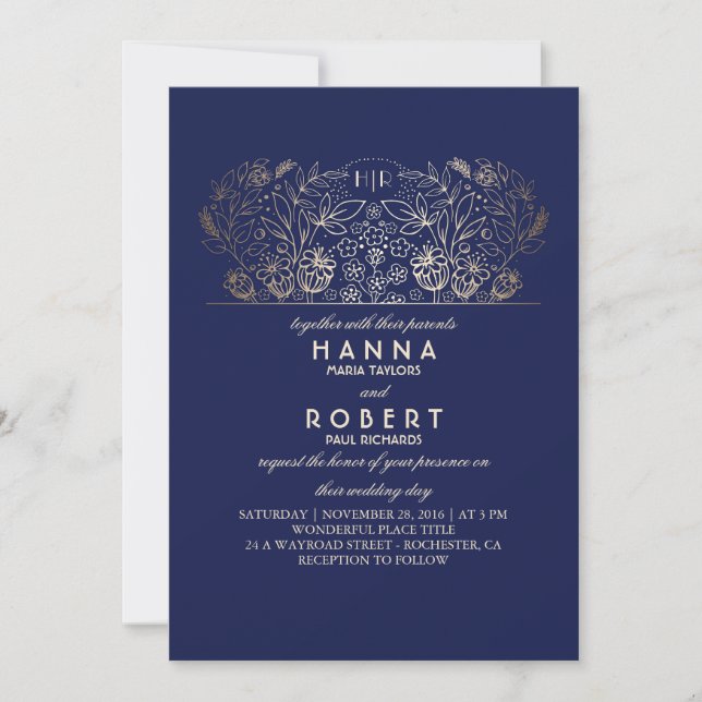 Navy Floral - Eternal Romance Gold Wedding Invitation (Front)