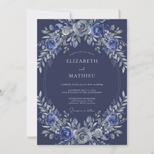 Navy Floral Ethereal Romance Wedding Invitation (Front)