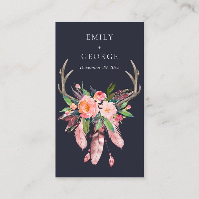 NAVY FLORAL FEATHER ANTLER WEDDING GIFT REGISTRY BUSINESS CARD (Front)