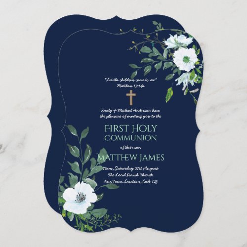 NAVY Floral First Holy Communion with verse Invitation