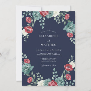 Navy Floral Flourish Romance Wedding Invitation