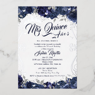 Navy Floral Garden Silver Mis Quince Quinceanera Foil Invitation