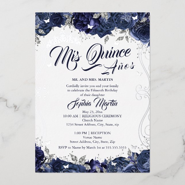 Navy Floral Garden Silver Mis Quince Quinceanera  Foil Invitation (Front)
