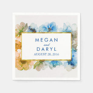 Navy Floral Gold Frame Vintage Fall Wedding Paper Napkins