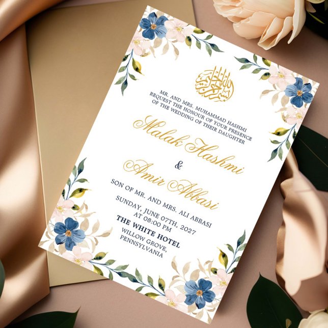 Navy Floral Gold Muslim Islamic Arabic Wedding Invitation (Creator Uploaded)