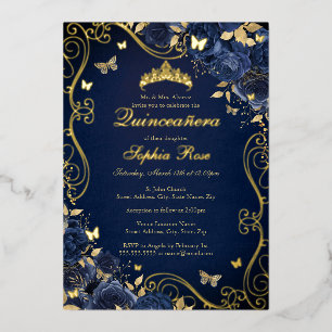 Navy Floral Gold Swirl Butterfly Quinceanera Foil Invitation
