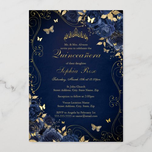 Navy Floral Gold Swirl Butterfly Quinceanera Foil Invitation