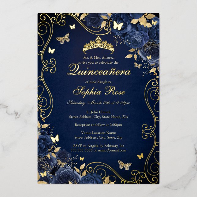 Navy Floral Gold Swirl Butterfly Quinceanera Foil Invitation (Front)