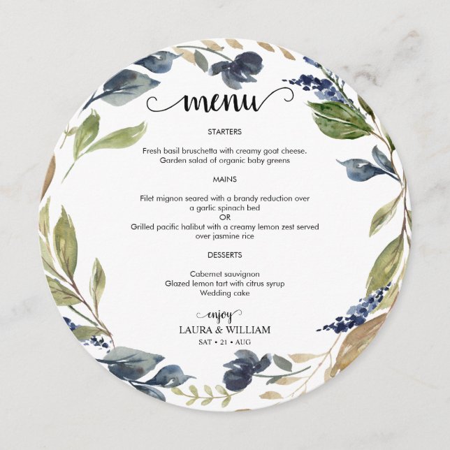 Navy Floral Greenery Leaves Round Menu (Front)