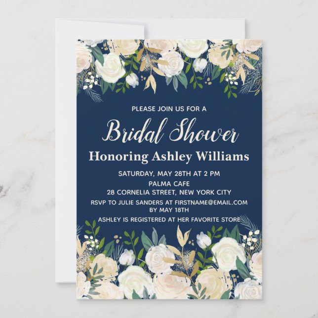 Navy Floral Greenery Rose Bridal Shower Invitation (Front)