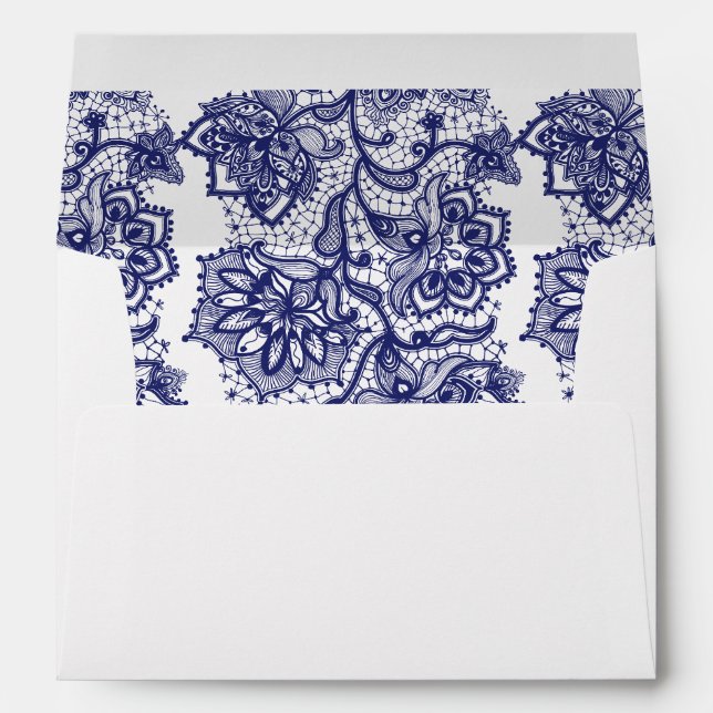 Navy Floral Lace Elegant Wedding Envelope (Back (Bottom))